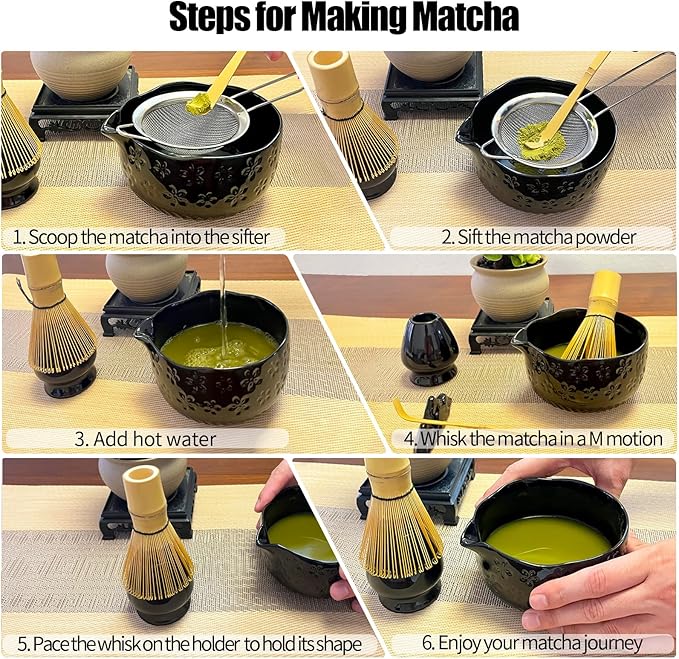 Matcha Whisk Set - Traditional Japanese Handmade Bamboo Matcha Whisk and Holder, Matcha Bowl,Bamboo Scoop, Scoop Rest, Sifter and Tea Towel (Black)