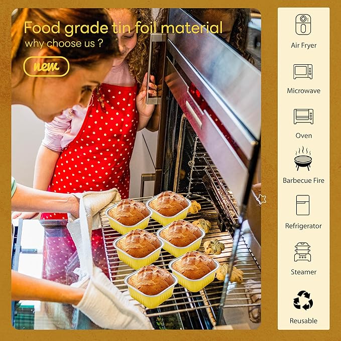 50 Pack Mini Cake Pans with Lids and Spoons Aluminum Foil Pans Square Cake Tins for Bakery Party Wedding (Gold,5 oz)