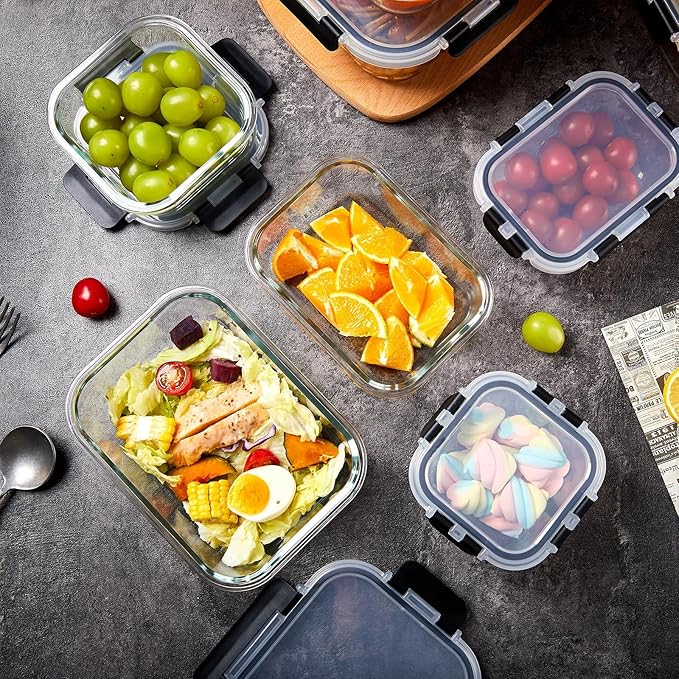 8 Pack Glass Meal Prep Containers with Lids, Extra Thick Airtight Food Storage Set (310ml-1510ml/10.5oz–51oz), Leakproof Lunch Boxes for Leftovers