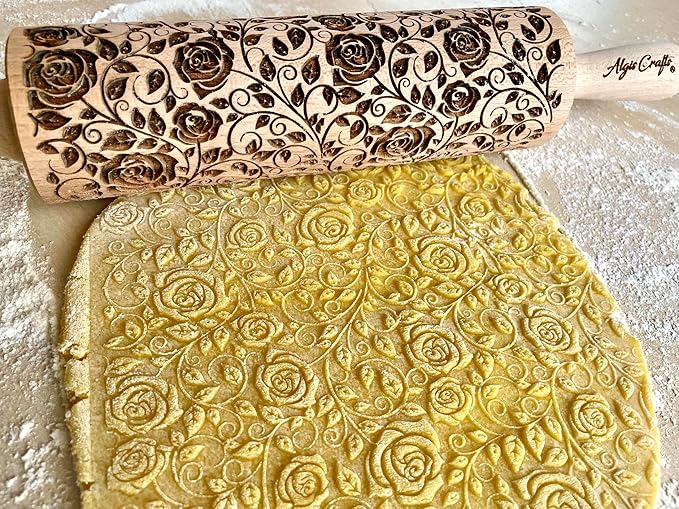 Rolling pin Damascus Roses Wooden embossing rolling pin with Rose Dough roller for embossed cookies Gift for Mom friend Cookies decoration