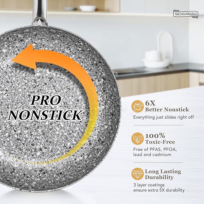 MICHELANGELO 8 Inch Frying Pan with Lid, Ultra Nonstick Small Fry Pan with Granite Interior, Granite Stone Skillet 8 Inch Nonstick, Egg Pans for Cooking, Oven Safe, Induction Compatible