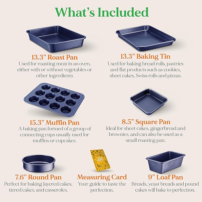 NutriChef 6-Piece Nonstick Baking Pans - Carbon Steel Non toxic Bakeware set with Cookie Sheets, Muffin, Loaf, Round & Square Pan - Restaurant Quality Baking Tray, Easy Clean, Dishwasher & Oven Safe