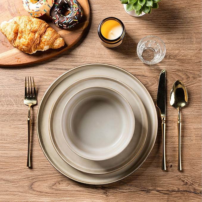 AmorArc Stoneware Dinnerware Sets,Round Reactive Glaze Ceramic Plates and Bowls Sets,Highly Scratch Resistant | Microwave & Dishwasher Safe,Cappuccino,Service for 8 Dishes Set