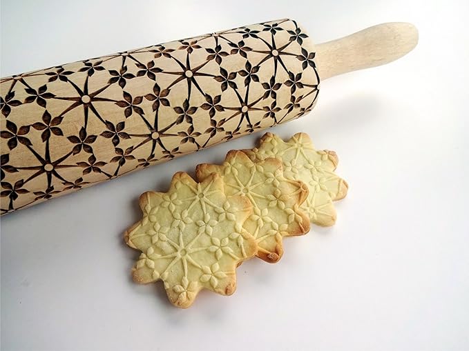 Rolling pin FLORAL NET. Wooden embossing rolling pin with Oriental flowers. Embossed cookies. Pottery. Birthday gift. Gift for mother