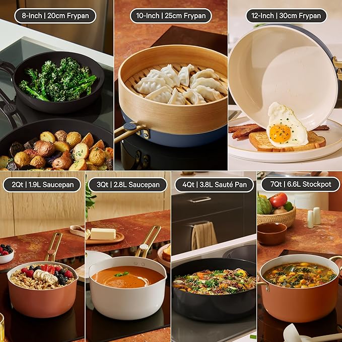 Our Place 17-Piece Essentials Complete Cookware Set - Ceramic Fry Pans, Saucepans, Sauté Pan, Stock Pot, Strainer Basket & Modular Storage | Thermakind™ Nonstick, Oven Safe up to 450°F | Terracotta