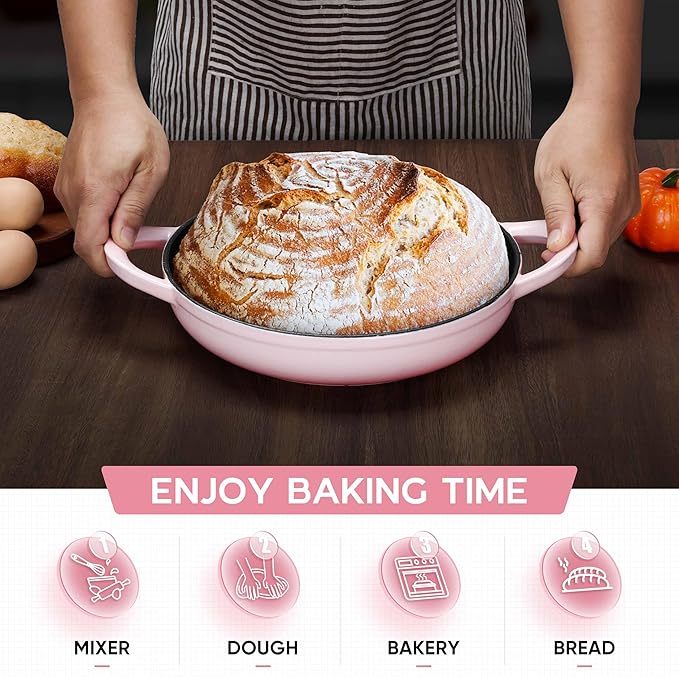E-far Dutch Oven for Sourdough Bread Baking, 6 Qt Round Enameled Cast Iron Dutch Oven for Homemade Artisan Bread, Dome Lid & Shallow Base, Matte Black Interior & Durable, Oven-Safe to 500℉, Pink