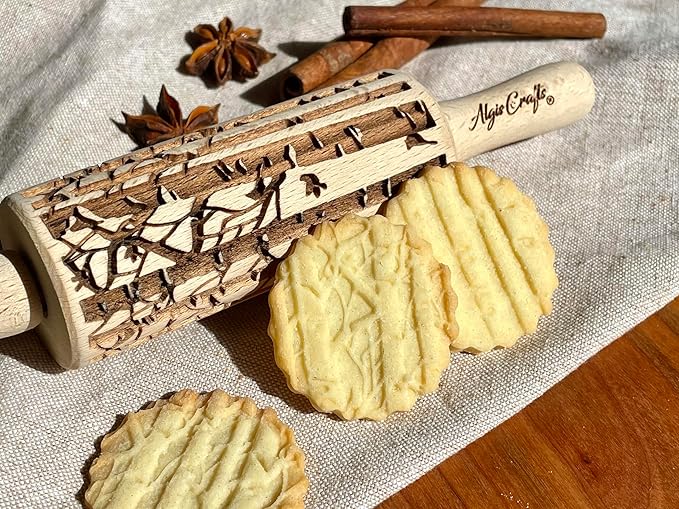 SEASONS 3 Mini Embossed Rolling Pin Set. Wooden Laser Cut Mini Rolling Pins for cookies or clay with spring flowers, tulips, daffodils, strawberries, raspberries, birch, trees by Algis Crafts