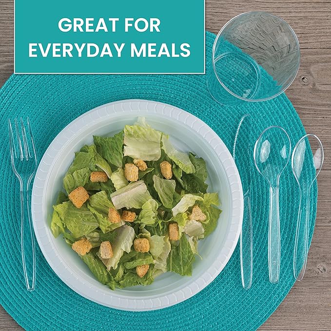 PLASTICPRO Round Plastic Plates And Bowls Microwaveable, Disposable, White, Dinnerware (800, 7'' Inch Plates)
