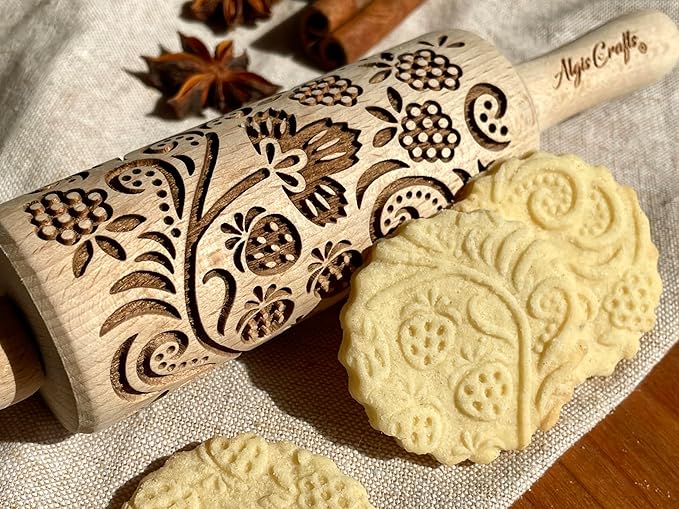 SEASONS 3 Mini Embossed Rolling Pin Set. Wooden Laser Cut Mini Rolling Pins for cookies or clay with spring flowers, tulips, daffodils, strawberries, raspberries, birch, trees by Algis Crafts