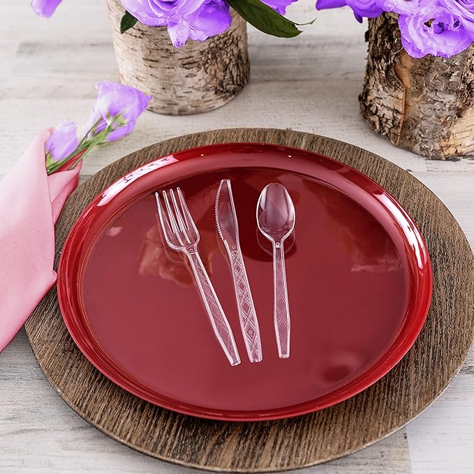 Party Bargains Clear Plastic Cutlery 720 pcs: 360 Forks, 240 Spoons, 120 Knives. Argyle Design, Heavy Duty & Solid Disposable Silverware Utensils Combo Pack Set for Weddings, Buffets, Luncheons