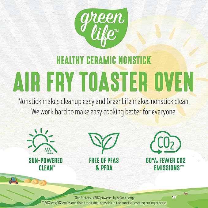 GreenLife Countertop Toaster Oven Air Fryer Stainless Steel, Healthy Ceramic Nonstick, PFAS Free, Tray & Basket, Bake, Broil, Reheat, Adjustable Temp & Time Control, Auto Shutoff, Pink