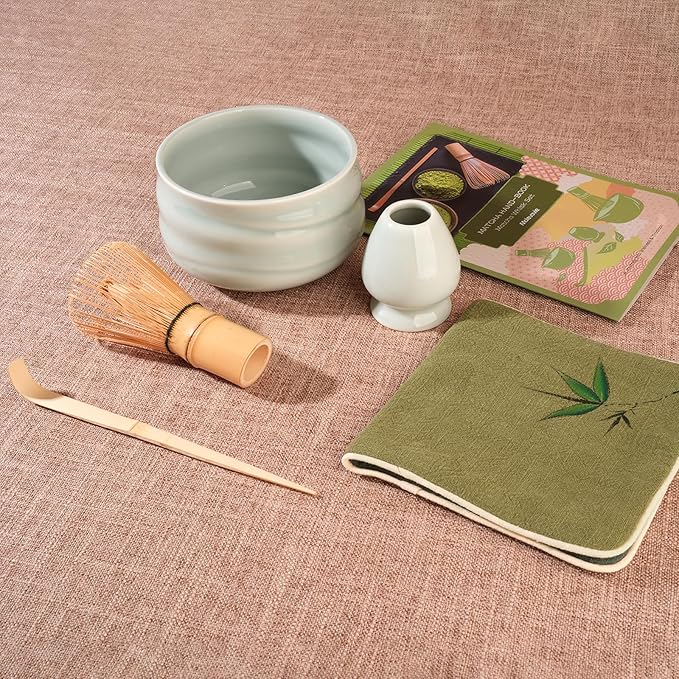 Matcha Whisk Set – Ceramic Matcha Set with Matcha Bowl, Matcha Whisk & Holder, Bamboo Scoop, Tea Towel – 5-Piece Japanese Matcha Kit for Matcha Lovers, Beginners & Gifting (Gray, 20oz)