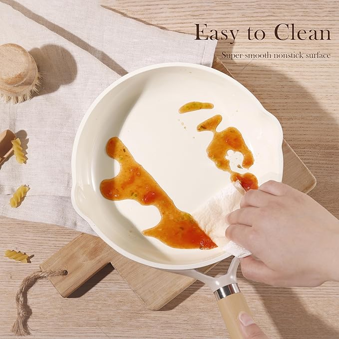 CAROTE 8" Ceramic Frying Pan with Lid, Non Stick Frying Pan Skillet Chef's Pan, Healthy & PFOA/PFAS Free, Induction-Compatible, Taupe