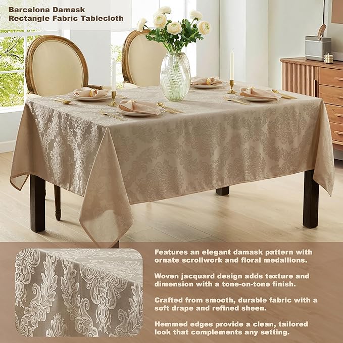 Newbridge Barcelona Luxury Damask Fabric Tablecloth, 60” Wide x 84” Rectangle, Golden Beige, 100% Polyester, No Iron, Soil Resistant Dining Room, Party and Banquet Table Cover