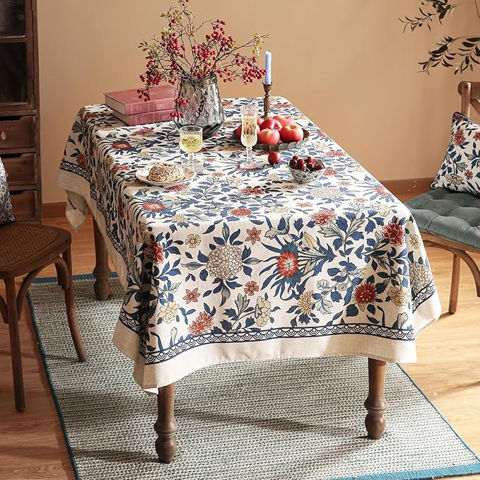 patdrea Designer Blue Tablecloth for Rectangle Table,Vintage Linen with Leaves and Floral Pattern Long Table Cloth,Farmhouse Decor Cover for Kitchen Dining Christmas,Thanksgiving,63"x94"-Ivar a