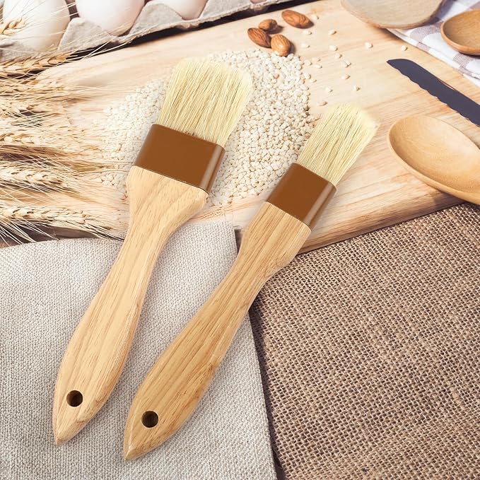 2 Pcs Natural Bristle Pastry Brush, Beech Wooden Handle Basting and BBQ Brushes for Cooking, Butter, Oil, Marinade, Grilling & Baking, Kitchen Food Brush (1 inch & 1.5 inch)