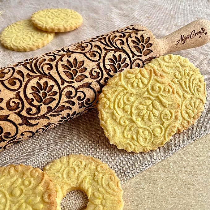 Embossing Rolling Pin FLOWERING VINE. Laser Engraved Dough Roller with Climbing Flowers Pattern for Embossed Cookies or Pottery by Algis Crafts