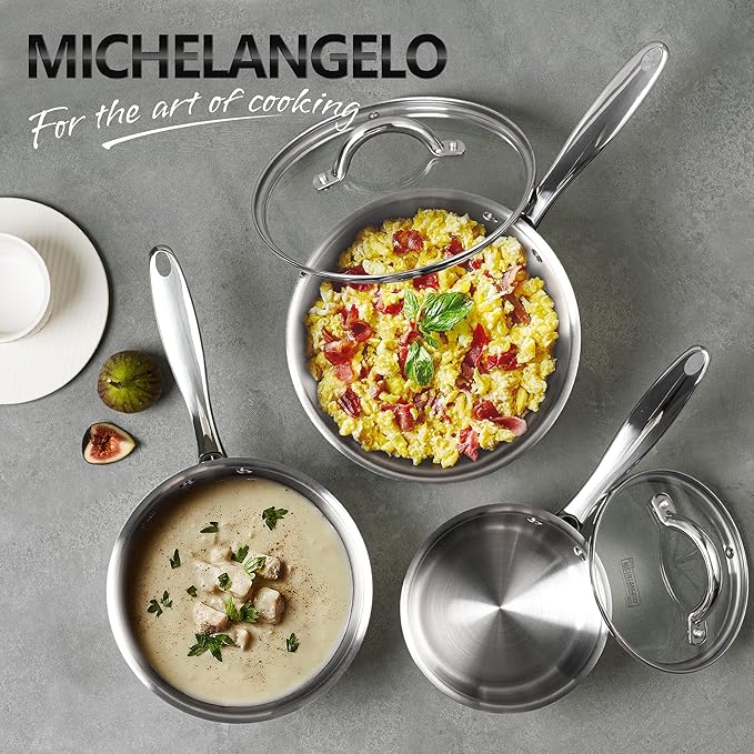 MICHELANGELO Saucepan Set 6pc, Triply Stainless Steel Sauce Pan with Lids 1QT & 2QT &3QT, Kitchen Cooking Pot for Home Use, Dishwasher Safe & Induction Compatible