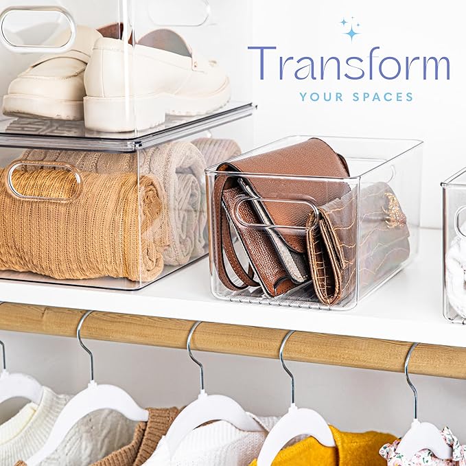 Plastic Food Storage 4 Pack Clear Container Bin with Handles for Organizing Kitchen, Pantry, Fridge, Freezer, Pantry,Bathroom. 10"x6"x5"