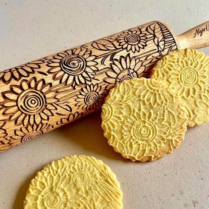 SUNFLOWER FIELD Embossed Rolling Pin for Ceramic. Clay Roller and Ceramic Stamp for Embossing Pottery. Baking Gifts for Women by Algis Crafts for Embossed Cookies