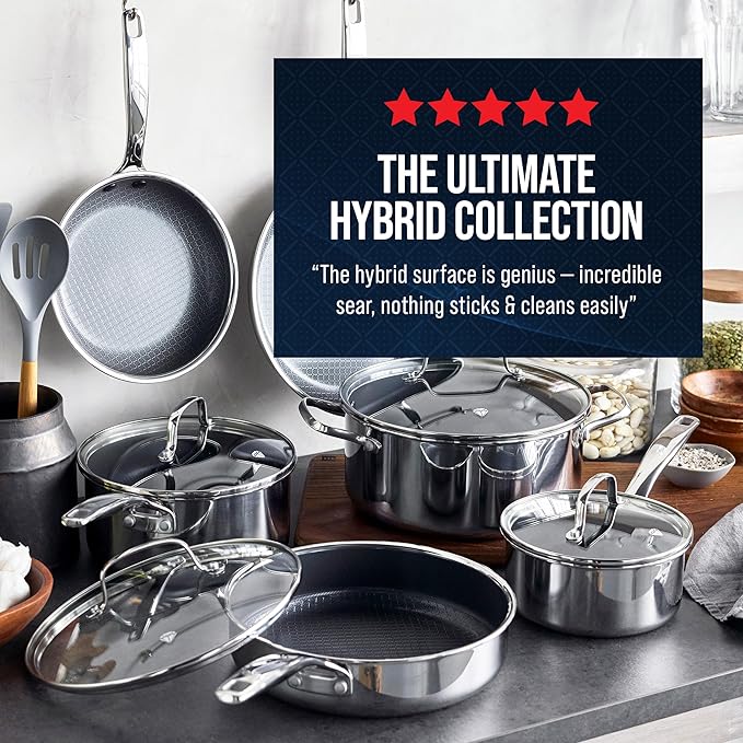 Blue Diamond Hybrid Nonstick Stainless Steel 8 Piece Cookware Set, Tri-Ply PFAS-Free Ceramic Diamond Bond Pots & Pans, Dishwasher & Oven Safe to 850F, Induction Ready, Metal Utensil Safe, Silver
