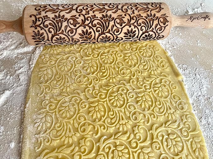 Embossing Rolling Pin FLOWERING VINE. Laser Engraved Dough Roller with Climbing Flowers Pattern for Embossed Cookies or Pottery by Algis Crafts