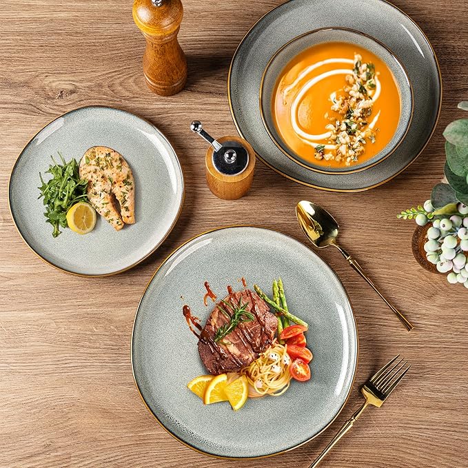 AmorArc Ceramic Dinnerware Sets,Handmade Reactive Glaze Stoneware Plates and Bowls Sets,Highly Chip and Crack Resistant | Dishwasher & Microwave Safe Dishes Set,Service for 4 (12pc)