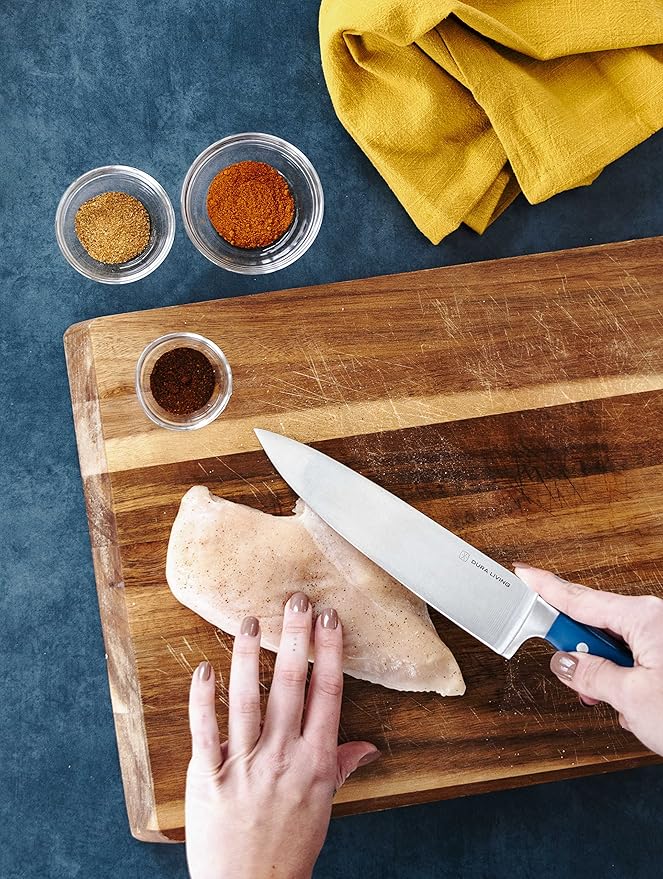 DURA LIVING Chef's Knife Set, 4 Piece Cutlery Knife Set, Superior Forged High Carbon Stainless Steel Ultra Sharp 8 Inch Chef, 7 Inch Santoku, 5 Inch Utility, 3.5 Inch Paring Knives, Royal Blue