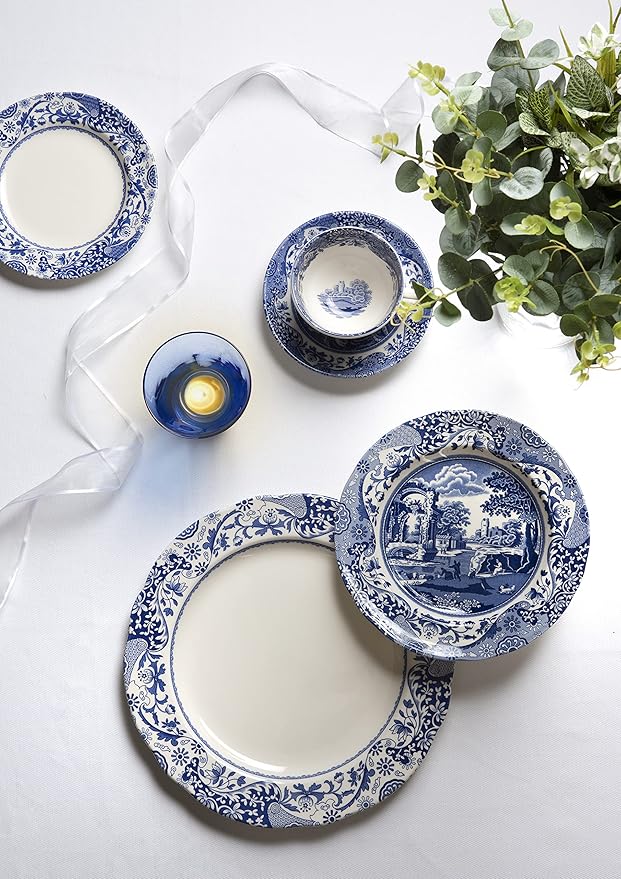 Spode Blue Italian Brocato 12 Piece Dinnerware Set - Service for 4 with Earthenware Dinner Plates, Salad Plates, Mugs - Dishwasher & Microwave Safe Oriental Inspired Tableware