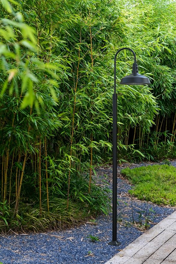 Steel Lighting Co. Gardena Barn Light | Outdoor Pole Top Mounted | 16" Dome | Upslope Gooseneck with Slip Fitter for 2-3/8" Standard Poles | Made in America | Matte Black Exterior/Brass Interior