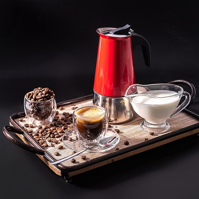 Mixpresso Red 6 Cup Greca Stovetop Espresso Pot 300ml/10oz, Moka Pot with Coffee Percolator Design, Stainless Steel Stove Top Coffee Maker for Camping or Home Use,Italian Stovetop Espresso Maker
