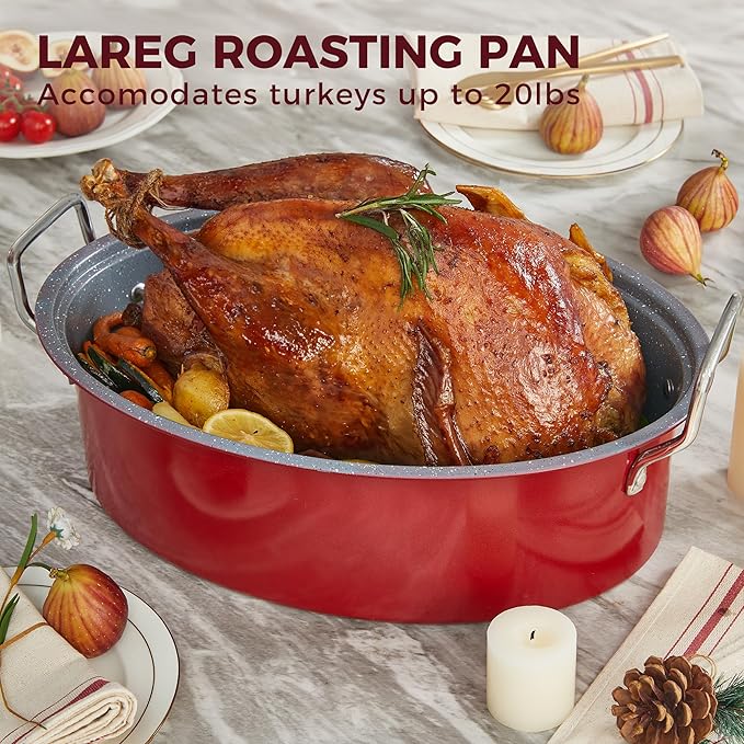 HONGBAKE 18 Inch Turkey Roasting Pan with Rack and Lid – Large Red Carbon Steel Roaster Pan for 20 lb Turkey, Oven Safe Baking Pan for Holiday Meals & Thanksgiving