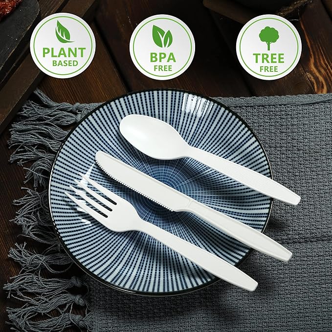 Compostable Knife,100 Biodegradable Silverware for Party, Large Disposable Utensils Eco Friendly Durable and Heat Resistant,Alternative to Plastic Knife