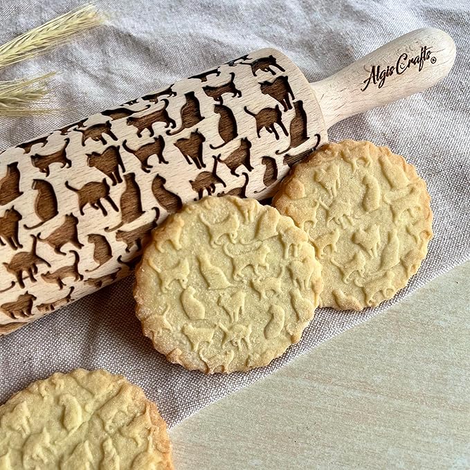 KITTY Embossing Rolling Pin Cat embossed Dogh Roller for Embossed Cookies and Potery by Algis Crafts