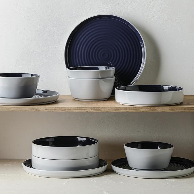 Stone Lain Elica 12-Piece Modern Dinnerware Set Stoneware, Plates and Bowl Sets for 4, Navy and White