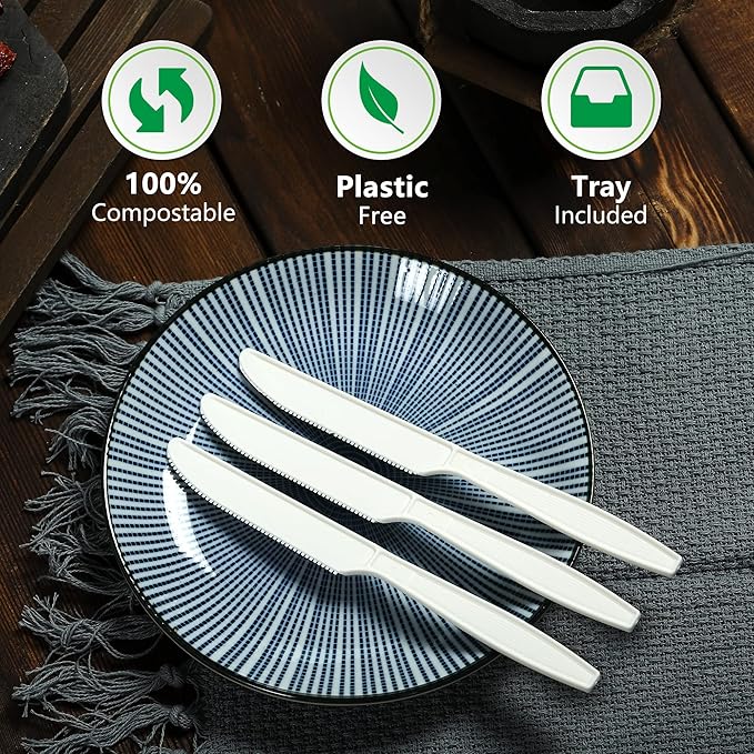 Compostable Knife,100 Biodegradable Silverware for Party, Large Disposable Utensils Eco Friendly Durable and Heat Resistant,Alternative to Plastic Knife