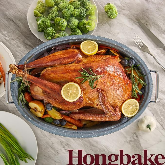 HONGBAKE 18 Inch Turkey Roasting Pan with Rack and Lid – Large Red Carbon Steel Roaster Pan for 20 lb Turkey, Oven Safe Baking Pan for Holiday Meals & Thanksgiving