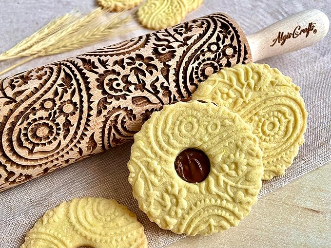 PAISLEY Embossing Rolling Pin with Oriental Pattern. Dough Roller for Embossed Cookies and Pottery by Algis Crafts
