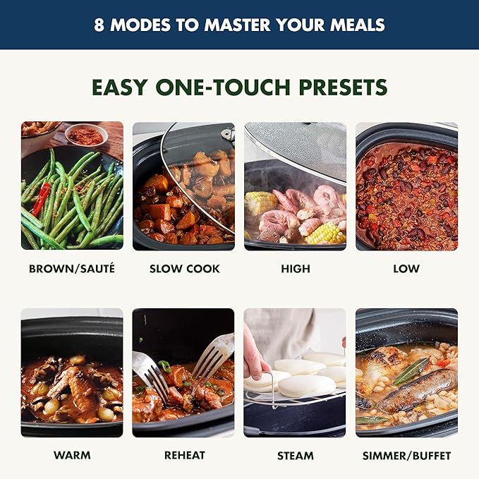 GreenPan Elite 8-in-1 Programmable 6QT Electric Slow Cooker,Dishwasher Safe Lid & Removable Crock, PFAS-Free Healthy Ceramic Nonstick Multi-Cooker,Sear, Sauté,Brown,Steam Basket,Roast, Oxford Blue