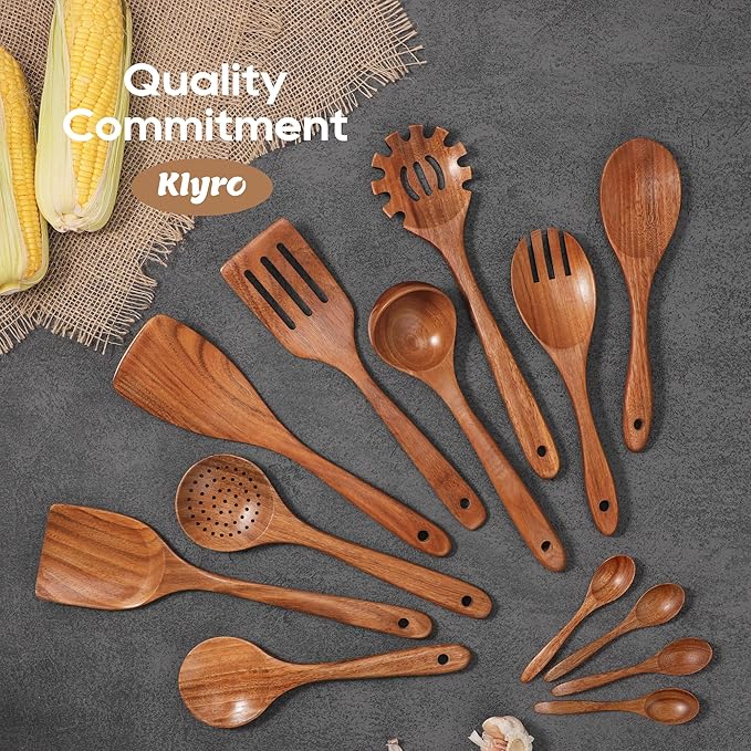 13 Pcs Wooden Cooking Utensil Set with Gift Box – Natural Wooden Spoons for Cooking & Serving, Nonstick Friendly, Perfect Housewarming & Holiday Gift
