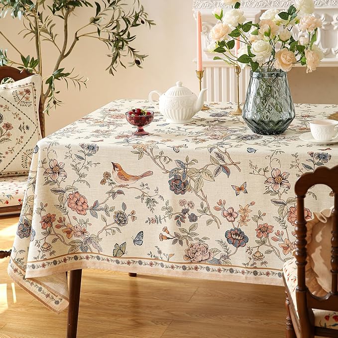 ISAENNE Designer French Light Beige Square Tablecloth,Linen Florals and Birds Pattern Table Cloth,Anti-Wrinkle Decorative Tablecloths for Dining Thanksgiving Kitchen Party,67"*67"-Cornucopia