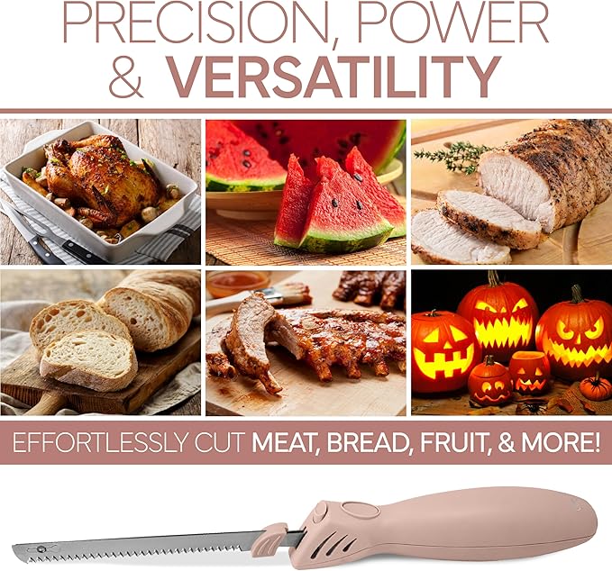 COOK WITH COLOR Electric Knife, 100W Power, Dual Stainless Steel Blades for Precise Cutting, Ergonomic Handle, Low Noise and Vibration, Ideal for Bread, Meat, and Vegetables, Blush