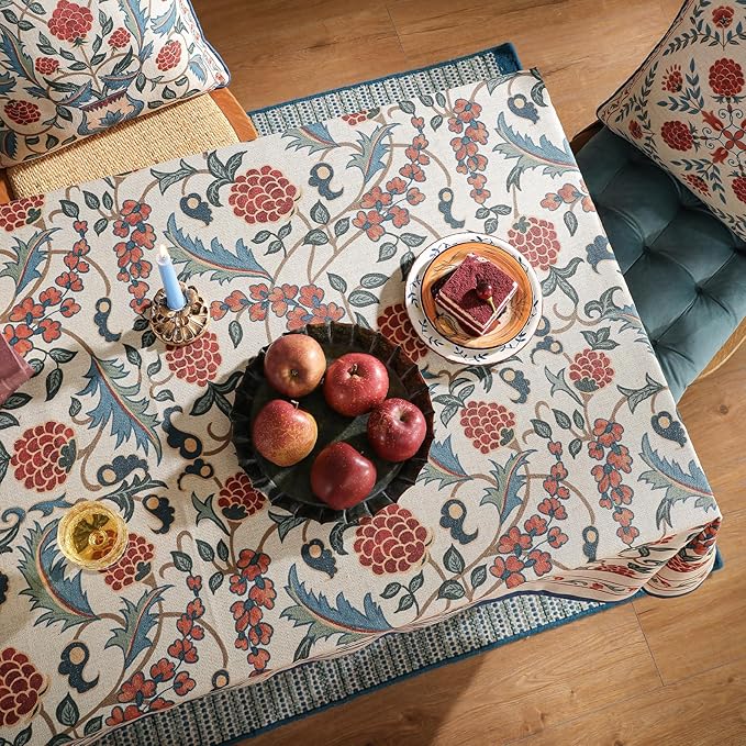 patdrea Designer Vintage Linen Extra Long Tablecloth for Rectangle Table,French Soft Floral Tablecloths,Colorful Table Cover for Kitchen Dining,Parties,Christmas,Thanksgiving,Party,63"x110"-Puno