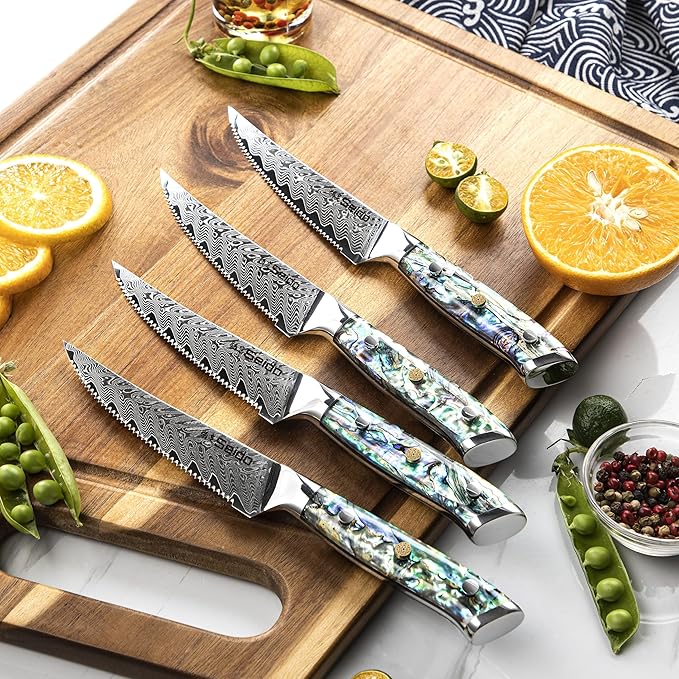 13-Piece Awabi Knife Block Set – Premium VG-10 Damascus Steel Knives with Abalone Shell Resin Handles