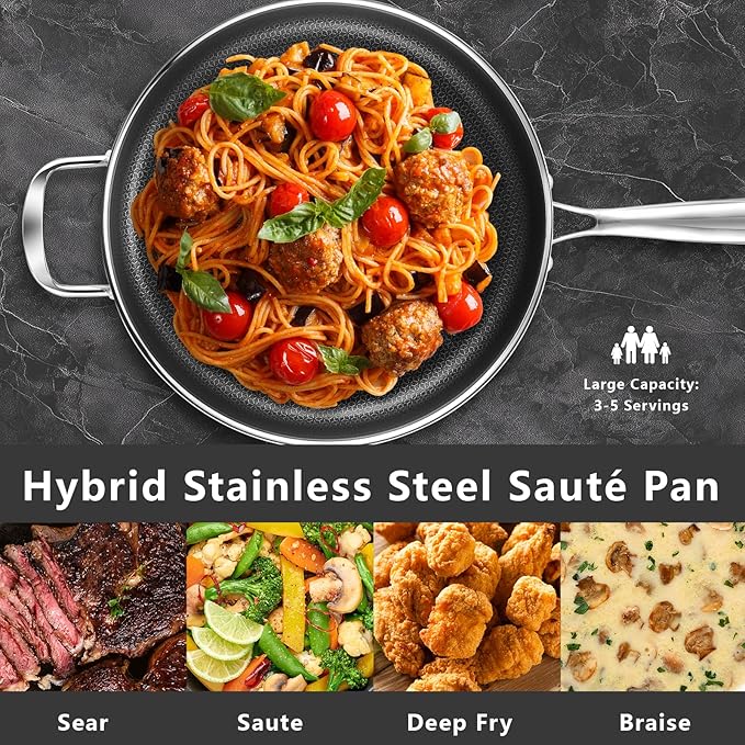 12 Inch Frying Pan Nonstick with Lid, 5.6QT Hybrid Ceramic Deep Saute Pan & Skillet, Tri-Ply Stainless Steel for Even Heat, PFOA/PFOS Free, Induction & Oven Safe