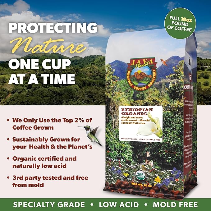 Low Acid Organic Coffee – Whole Bean, Mold-Free & Stomach Friendly by Java Planet, Ethiopian Single Origin Coffee, Medium Roast, Smooth Full Flavored, 1LB Bag