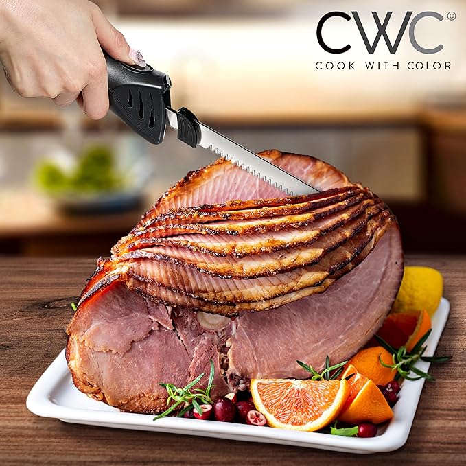 COOK WITH COLOR Electric Knife, 100W Power, Dual Stainless Steel Blades for Precise Cutting, Ergonomic Handle, Low Noise and Vibration, Ideal for Bread, Meat, and Vegetables, Black