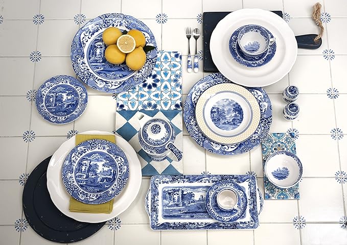 Spode Blue Italian Ascot Cereal Bowl Set of 4-8-Inch Earthenware Bowls with Oriental Design, Dishwasher & Microwave Safe Tableware for Breakfast, Soup, Rice, Dessert - Blue & White Dinnerware