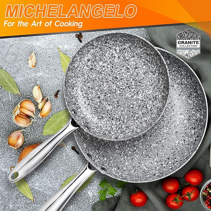 MICHELANGELO Frying Pan Set with Lid, 8" & 10" Granite Frying Pan Set with 100% APEO & PFOA-Free Stone Non Stick Coating, Granite Skillet Set with Lid, Nonstick Frying Pans 2 Piece - 8"+10"