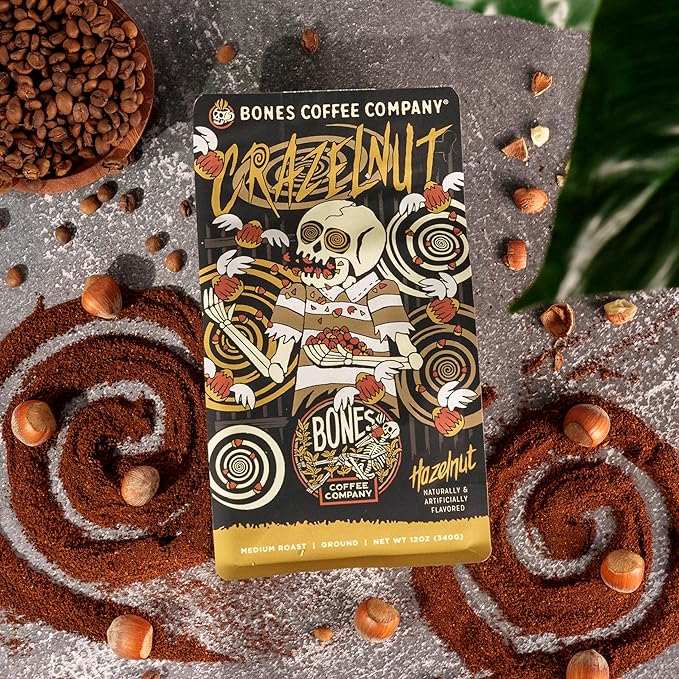 Bones Coffee Company Crazelnut, Hazelnut Flavored Coffee, Medium Roast Low Acid Arabica Beans Compatible with Auto drip and French Press Coffee Maker, 12 Oz Whole Bean